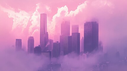 Fototapeta premium Los Angeles Skyline Emerging from Fog Aerial View Pink Hues Urban Landscape Cityscape Architecture Towers