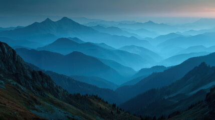 Fototapeta premium Mountain silhouette under twilight sky, serene blue tones blending into dusk, nature's quiet grandeur