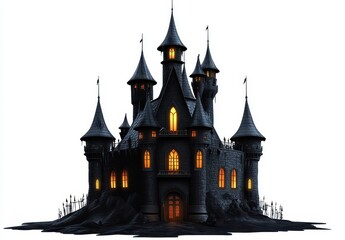 Obraz premium Dark, ominous castle with glowing windows. Towering structure, gothic design, ominous glow, ancient stone, mysterious