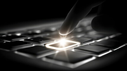 Fototapeta premium Closeup of a Finger Touching a Glowing Button on a Modern Keyboard in a Dark Setting with Illumination Effects