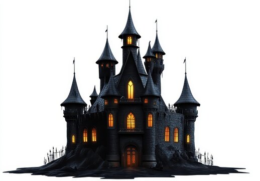 Dark, ominous castle with glowing windows.  Towering structure, gothic design, ominous glow, ancient stone, mysterious