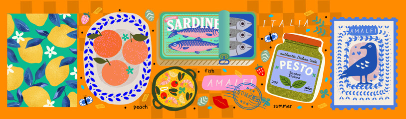 Plakat Summer. Italy. Amalfi. Vector illustration of tin can of sardines, Mediterranean Italian pattern with lemons, pesto sauce, peaches and seafood paella, sea gull for postage stamp, icon or sticker