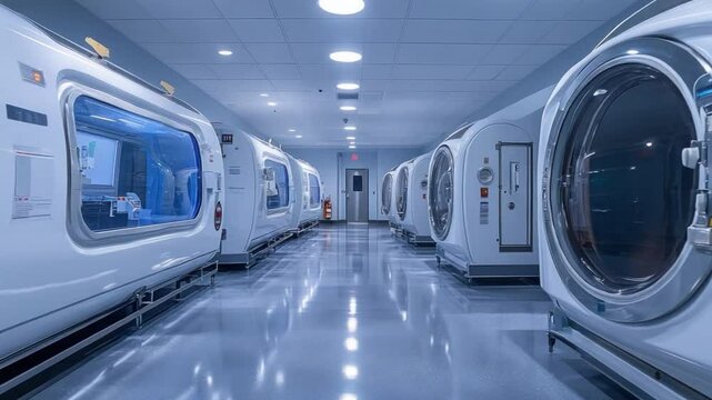 Hyperbaric Chambers: An interior view of a modern medical facility, showcasing rows of sleek hyperbaric chambers, designed for specialized therapeutic treatments.