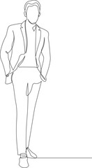 Business man standing in cool style sketch in one continuous line. Drawing style. Male model in minimalist black lines isolated on white background. Vector illustration