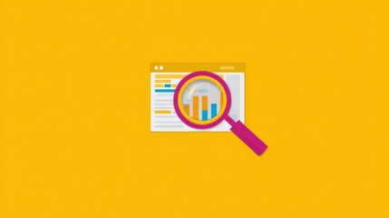 Magnifying Glass Focusing on Data Graphs and Analysis on Digital Screen with Bright Yellow Background