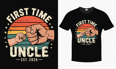 First Time Uncle T-Shirt with Baby Fist Bump and Retro Sunset Design |  Retro Fist Bump Illustration  |  Vintage First Time Uncle Tee with Baby and Adult Hand Artwork | Vector Print