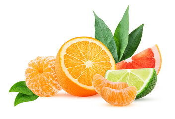 Fresh mandarin lime and grapefruit with slice, cut in half and green leaf