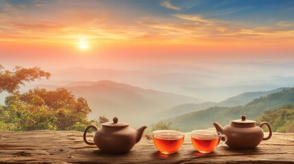 Tea Ceremony at Sunrise Over Mountain Range with Teapots and Cups on Wooden Table in Tranquil Environment