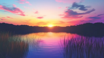 A peaceful sunset over a still lake with tall grass in the foreground.