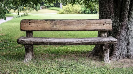 Rustic wooden park bench beneath a tree in lush green grass.