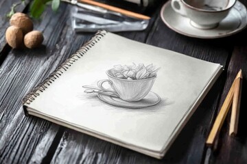 A pencil drawing of a teacup filled with flowers on a notebook.
