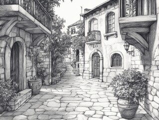 A pencil drawing of a cobblestone alleyway with stone buildings, trees, and plants.