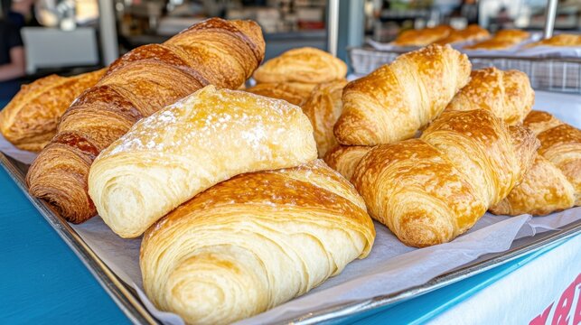 Freshly Baked Croissants and Pastries on Display in a Bakery