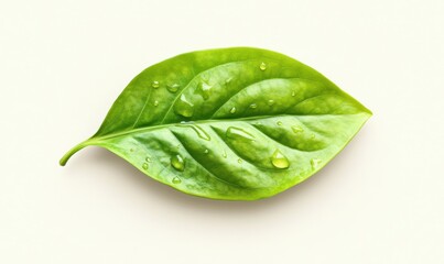 Dew-covered leaf on white background; nature, freshness, purity