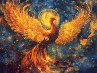 A Phoenix Bird Soaring Through a Starry Night Sky, Depicted in a Whirlwind of Colors.