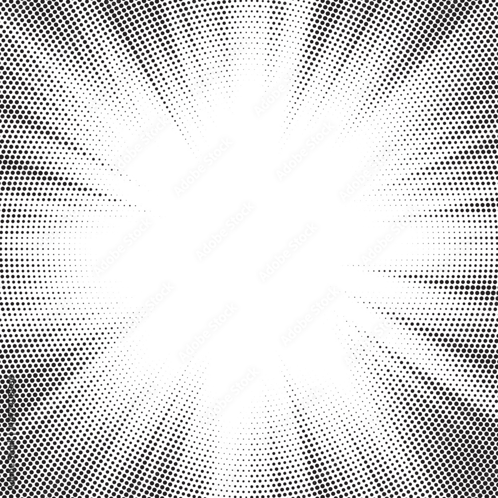 Poster Halftone gradient sun rays pattern. Abstract halftone vector dots background. monochrome dots pattern. Vector background in comic book style with sunburst rays and halftone. Retro pop art design.