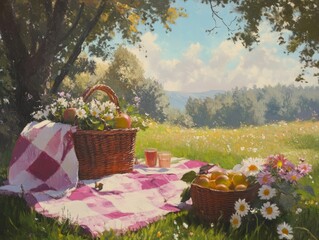A picnic blanket under a tree with two baskets, one full of apples and daisies and the other full of oranges, with two glasses of juice, set in a meadow with a lush green forest in the background.