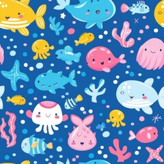 seamless pattern of tiny cartoon sea creatures floating in pastel underwater background, bright colors