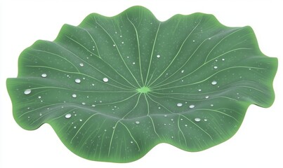 Dewdrops on a large green lotus leaf, isolated on white, nature background, perfect for spa or wellness