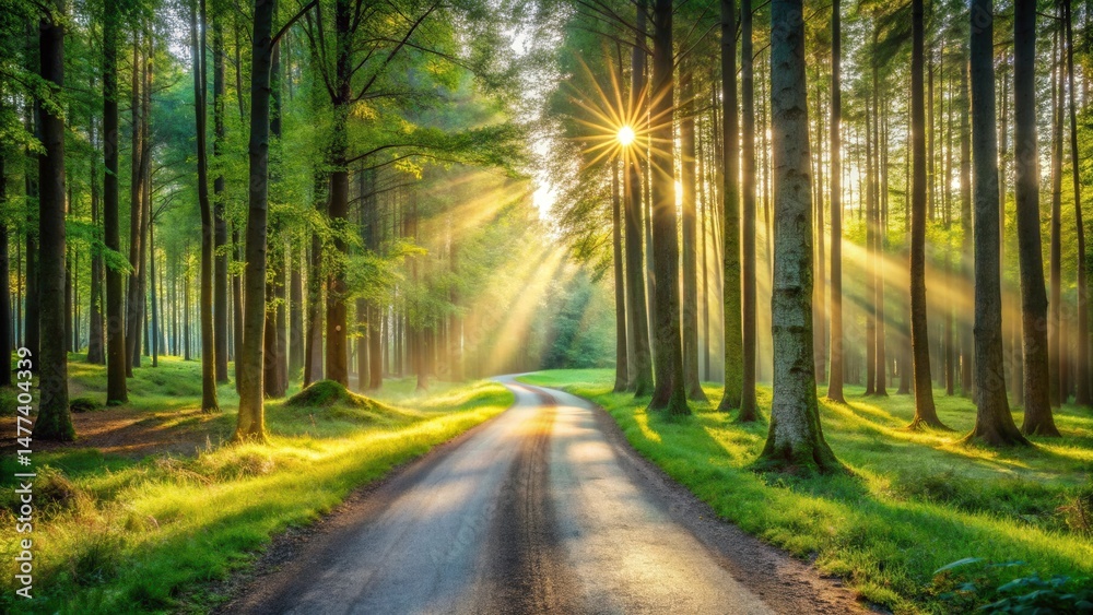 Poster sunlit path through a serene forest at dawn, illuminated by golden rays of light, creating a magical