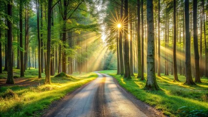 Sunlit Path Through a Serene Forest at Dawn, Illuminated by Golden Rays of Light, Creating a Magical Atmosphere of Tranquility and Natural Beauty