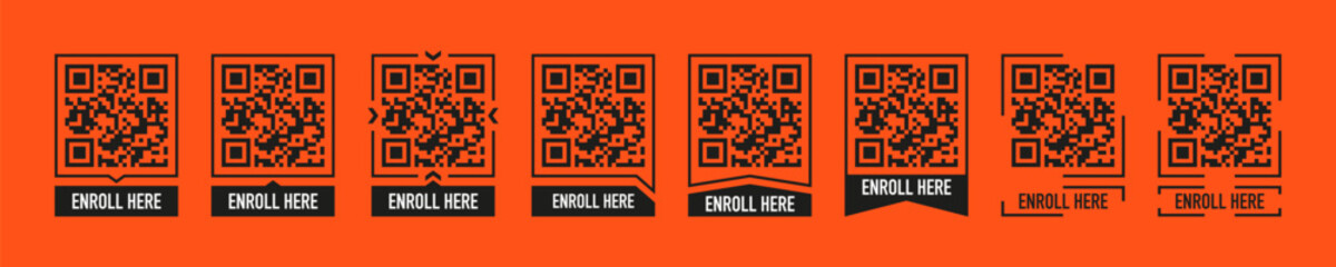 Set of black QR codes with “Enroll Here” labels in various frame styles on orange background, perfect for promotional or educational design use.