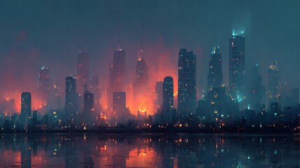 Obraz premium Wide-angle view of a cyberpunk city skyline at dusk with glowing blue and purple neon lights reflecting off sleek glass skyscrapers 