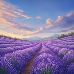 A picturesque landscape of vibrant purple lavender fields stretching under a clear blue sky with fluffy white clouds.