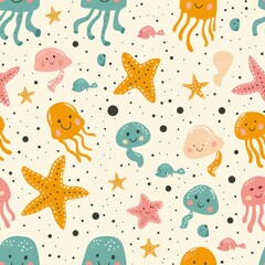 seamless pattern of tiny cartoon starfish and jellyfish icons, simple flat minimal illustration, light pastel colors