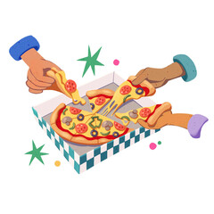 Diverse Hands Sharing Pizza Slices from Box Illustration