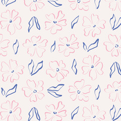 Abstract seamless flower pattern. Floral print with naive scribble blossom, spring summer botanical background for fabric textile design. Vector texture