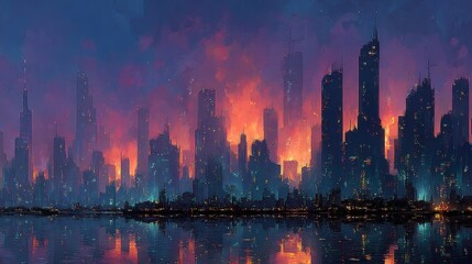 Obraz premium Sci-fi inspired city skyline glowing with pulsating lights against a dark purple and blue evening sky 
