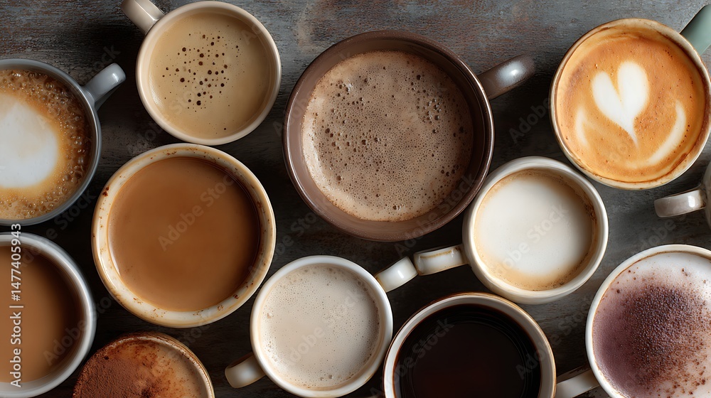 Poster multiple cups of coffee with variety of coffee drinks overhead view
