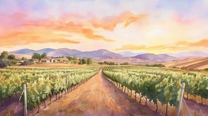 A picturesque vineyard pathway leads towards a house nestled in rolling hills at sunset.
