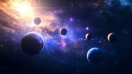 Stunning Cosmic Scene with Planets and Colorful Nebula Background