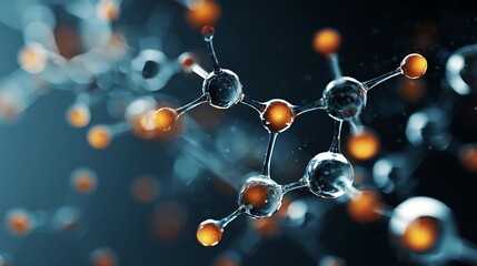 Molecular structure with connections between atoms on abstract background, macro shot, scientific research in molecular chemistry