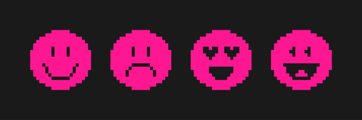 Emoji pink y2k style icon set. Sign, symbol. Pixel design, trendy shapes. Vector illustration. Smile, joy, love, sadness. Elements for a poster, banner, stickers, apps. Isolated on a black background.