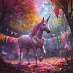 A pink unicorn walks through a festive autumn forest with colorful flags and petals on the ground.