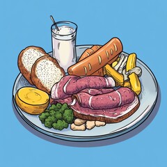 A plate of sliced ham, sausage, bread, broccoli, potatoes, and a glass of milk.