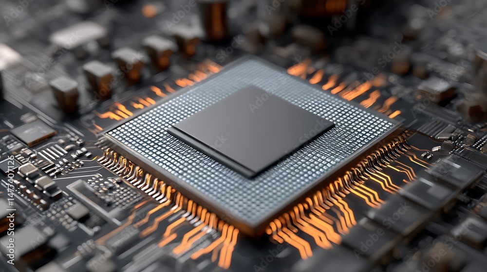 Poster Modern microchip on computer motherboard as processor technology concept