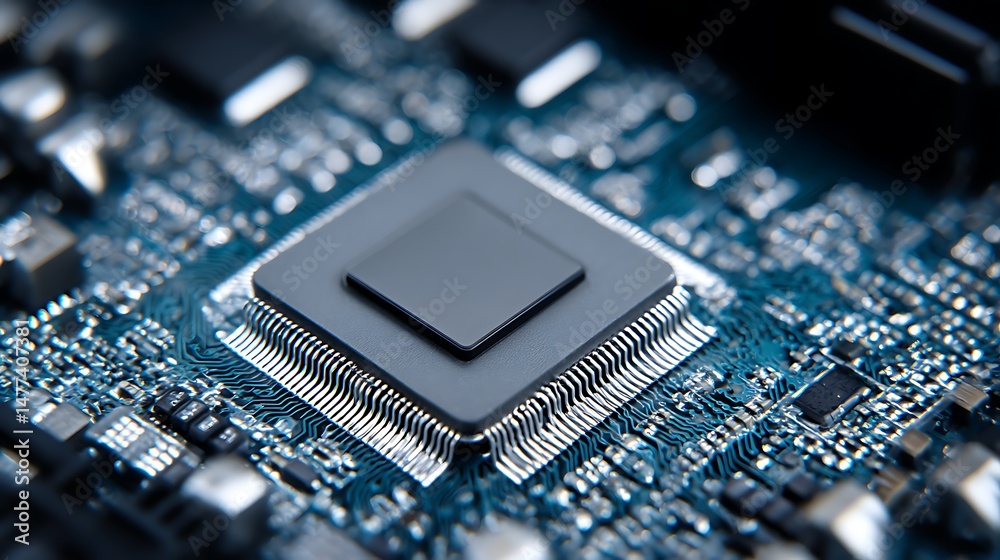 Poster Modern microchip on computer motherboard as processor technology concept
