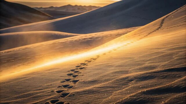 Footprints trail across gently sunlit sand dunes at sunrise, creating a serene desert landscape.