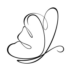 Black and white butterfly drawn in one line.Silhouette of black butterfly. Tattoo butterfly. Vector illustration