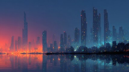 Fototapeta premium High-tech urban landscape featuring neon-lit skyscrapers stretching into a darkening dusk sky 