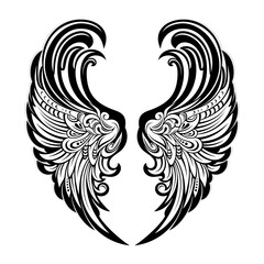 A pair of bird wings. Angel. Vector illustration for tattoo. Element for wood carving