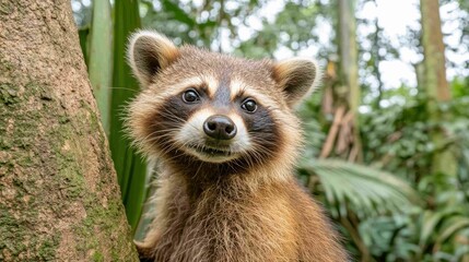 Obraz premium Cute raccoon close-up portrait in a lush green natural habitat