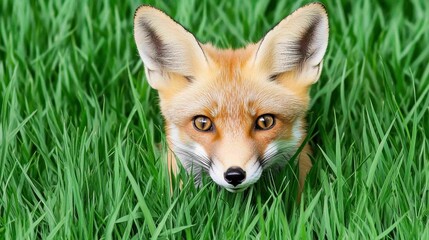 Obraz premium Curious Red Fox Peeking Through Lush Green Grass in Nature Scene