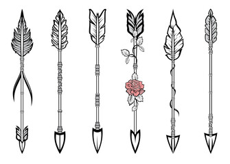 Collection of decorative arrows. Vector decorative arrow with rose. Arrow design set