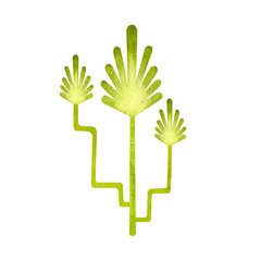 Stylized fan palm. Simple silhouette of a tropical plant. Decorative abstract bush of green color. Hand drawn watercolor illustration isolated on white background.