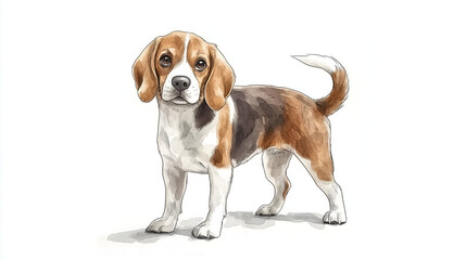 Watercolor Illustration of cute Beagle dog on White Background.
